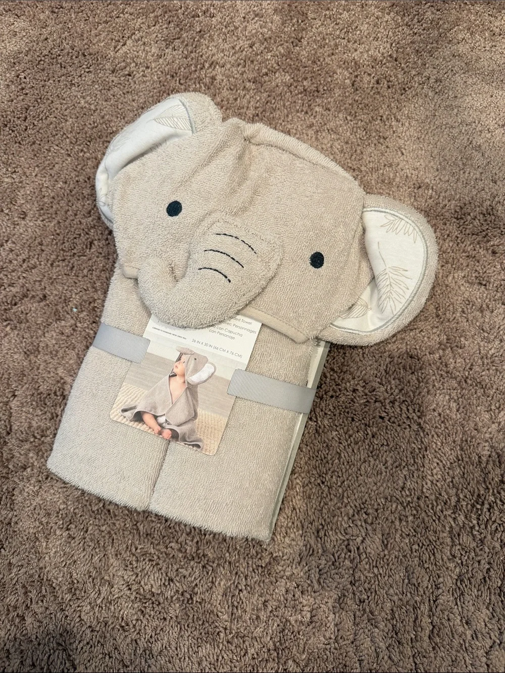 Plush Elephant Hooded Baby Towel in Light Gray with elephant soothie